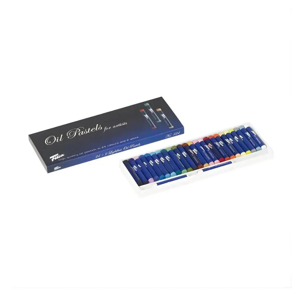 Set of oil pastels with a box on a white background