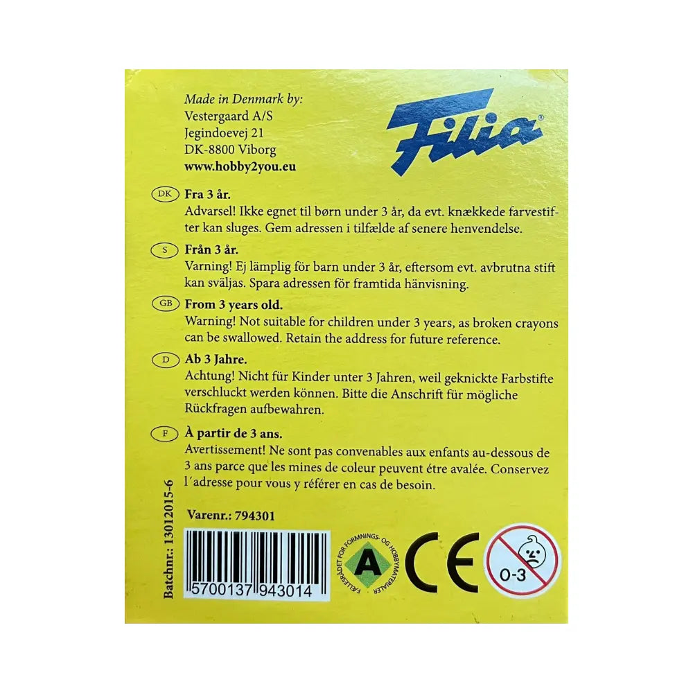 Back of a yellow crayon packaging with Filia branding and safety information.