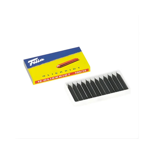 Box of Filia hard oil black crayons showing crayons inside a box on a white background.
