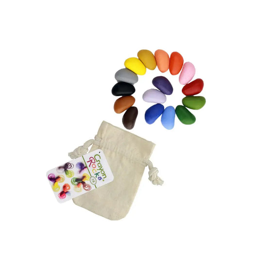 16 color soy wax crayons in pebble shape arranged in a circle for fine motor development and early drawing