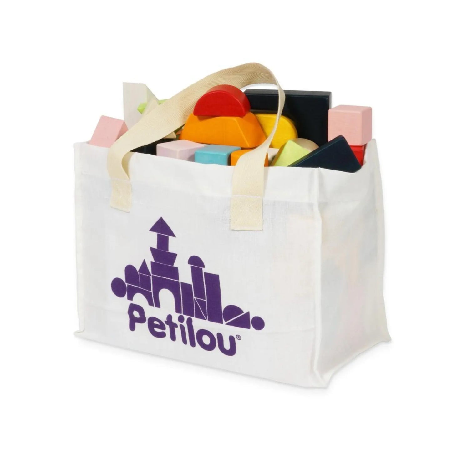 Cotton storage bag for colorful wooden blocks with Petilou on the back, Le Toy Van's collection