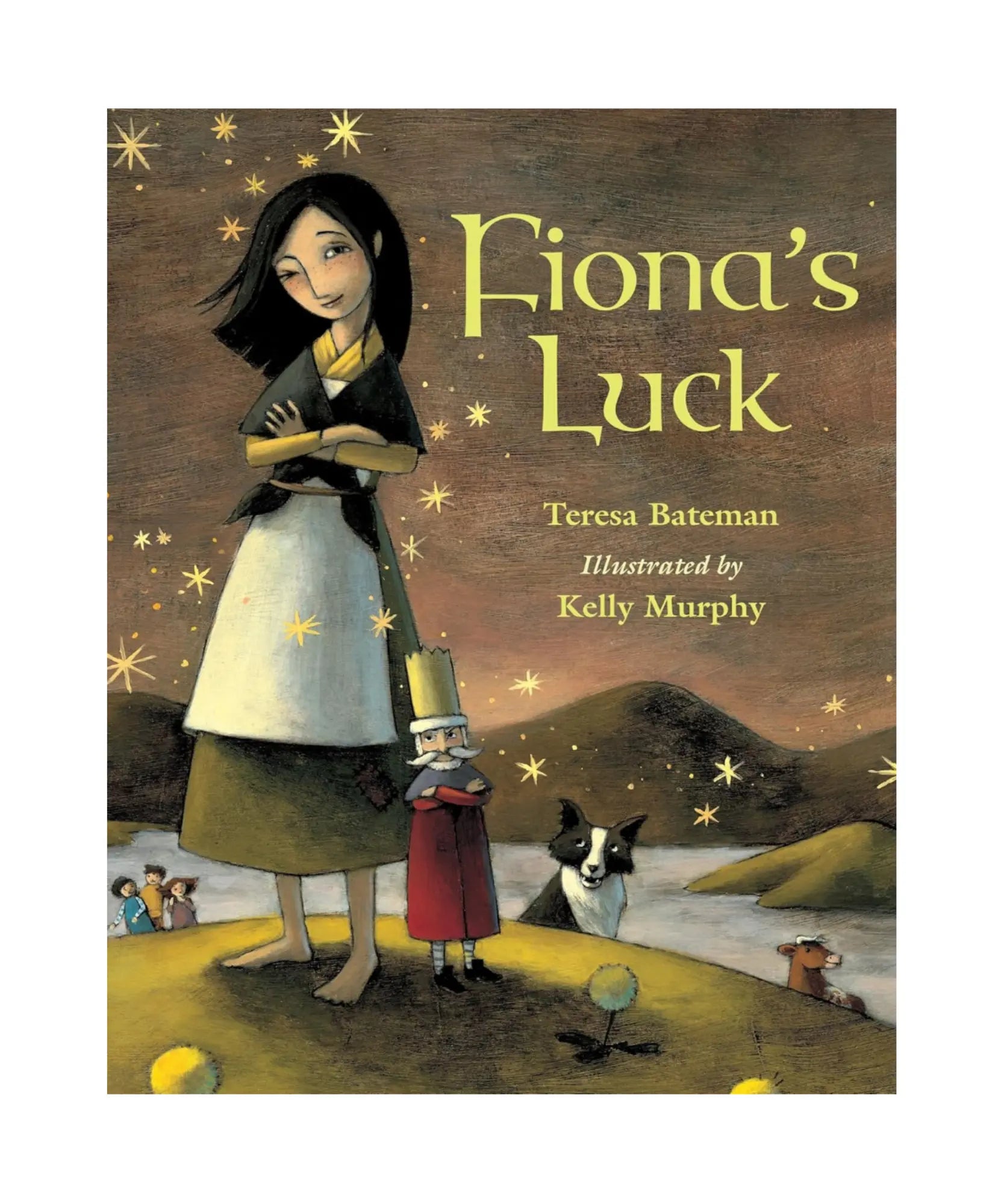 Fiona's Luck picture book of a barefoot girl standing next to a leprechaun king on irish landscape