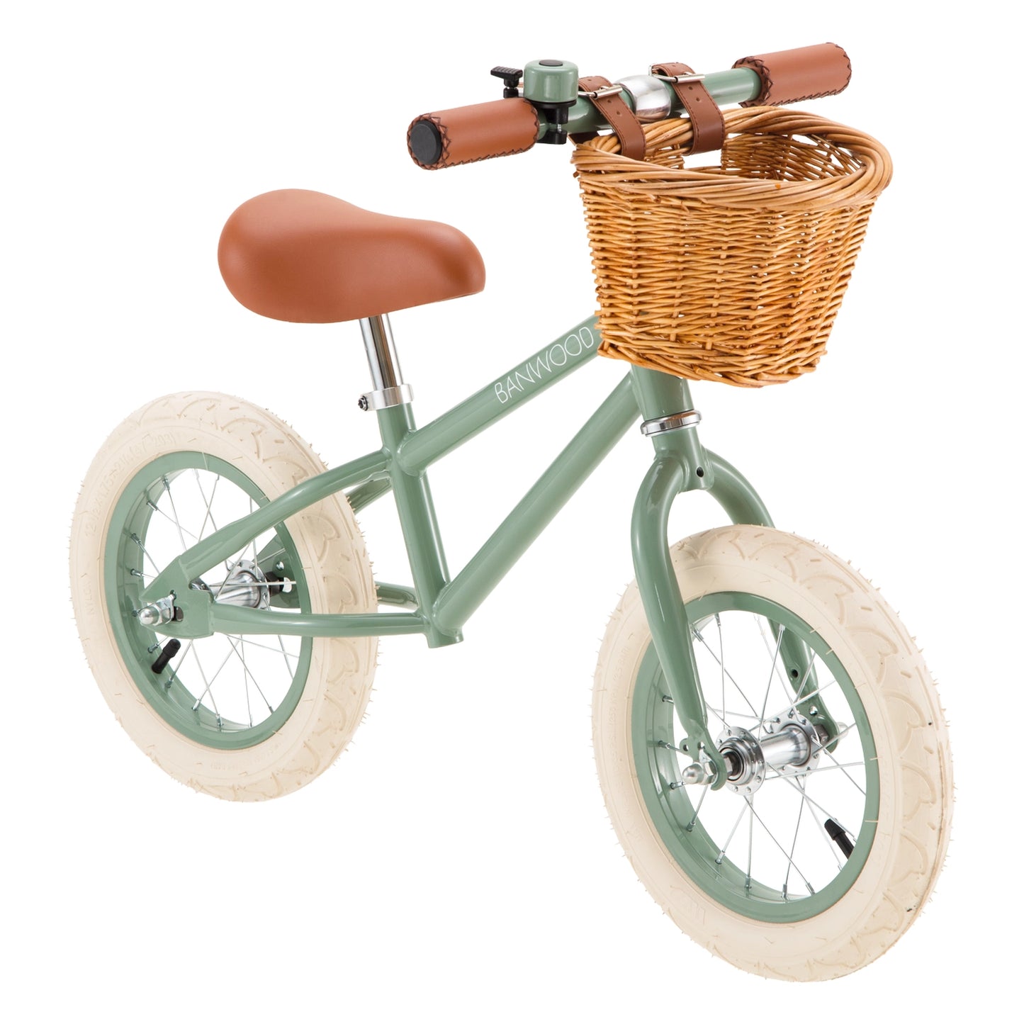 Children's balance bike with a wicker basket on a white background