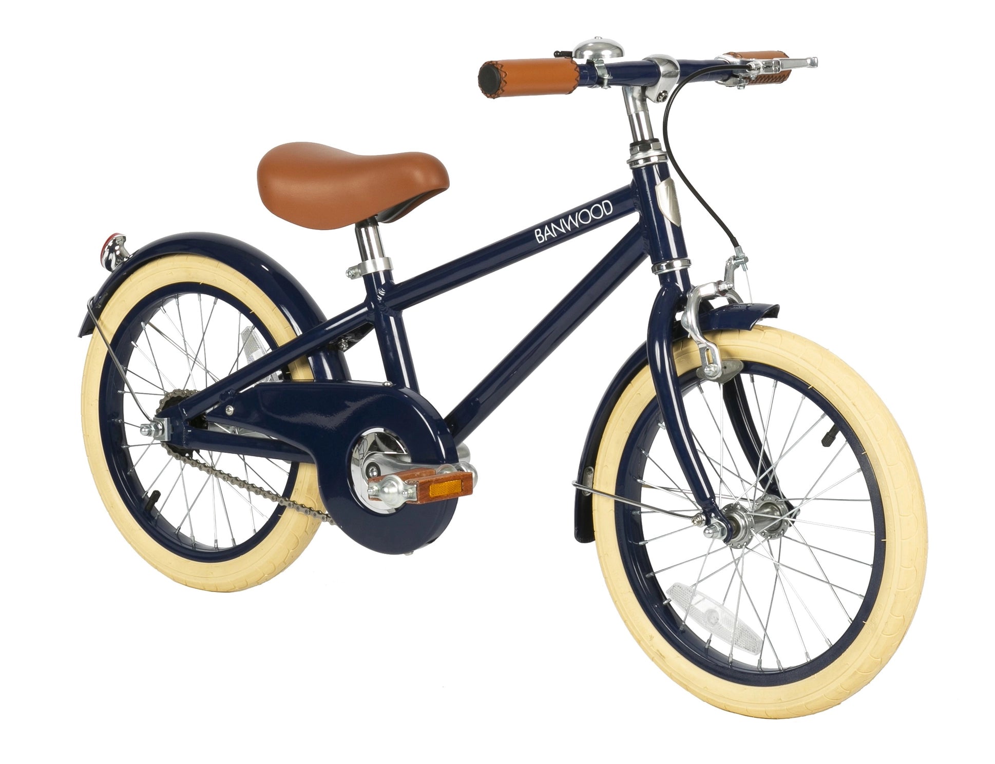 Navy children's bicycle with cream tires on a white background