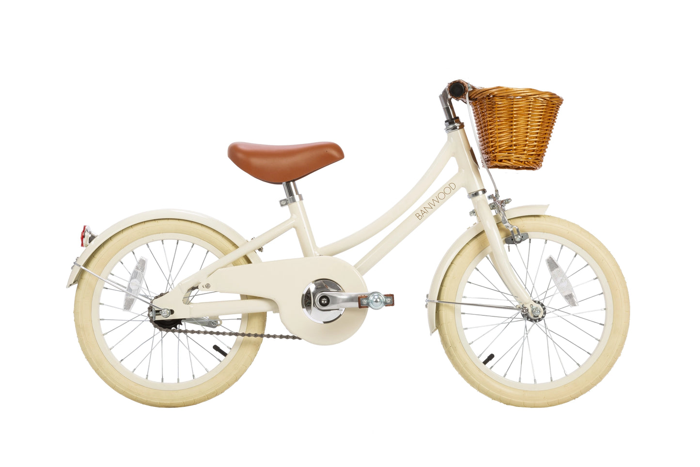 Children's cream 16 inch bicycle with a basket on a white background