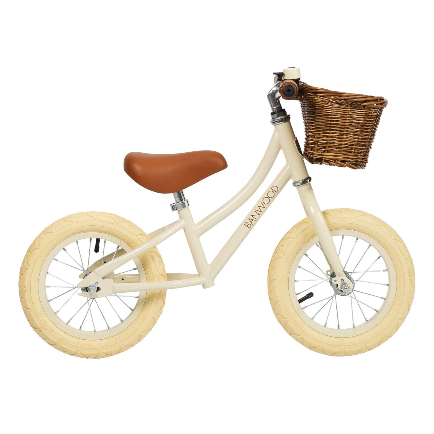 Children's balance bike with a brown seat and basket on a white background