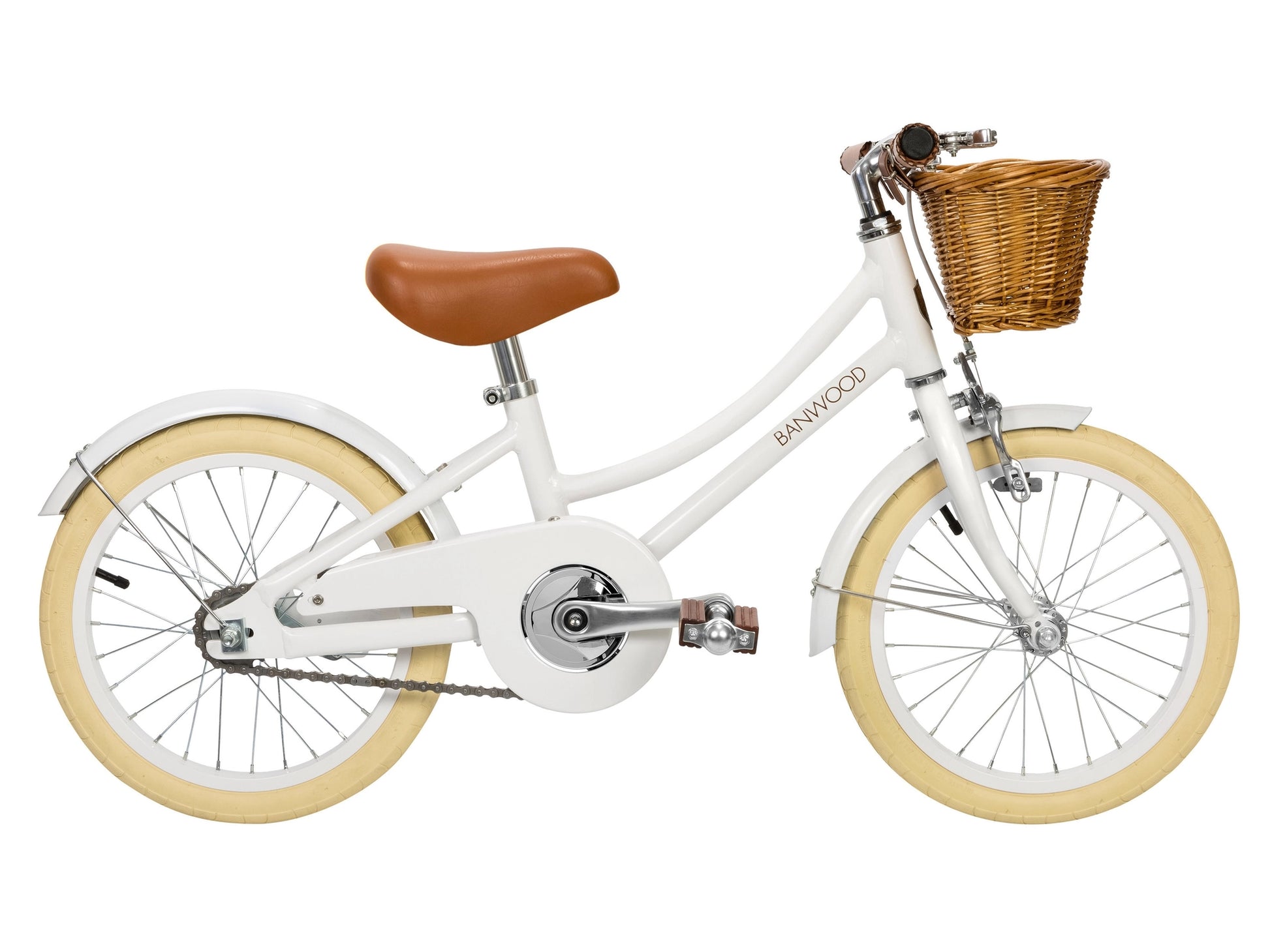 White kids 16 inch pedal bike with basket  on white background