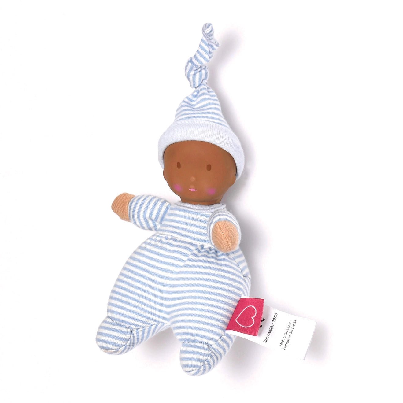 Natural Tikiri first Baby Doll – Brown Skin in Striped Cotton on white background