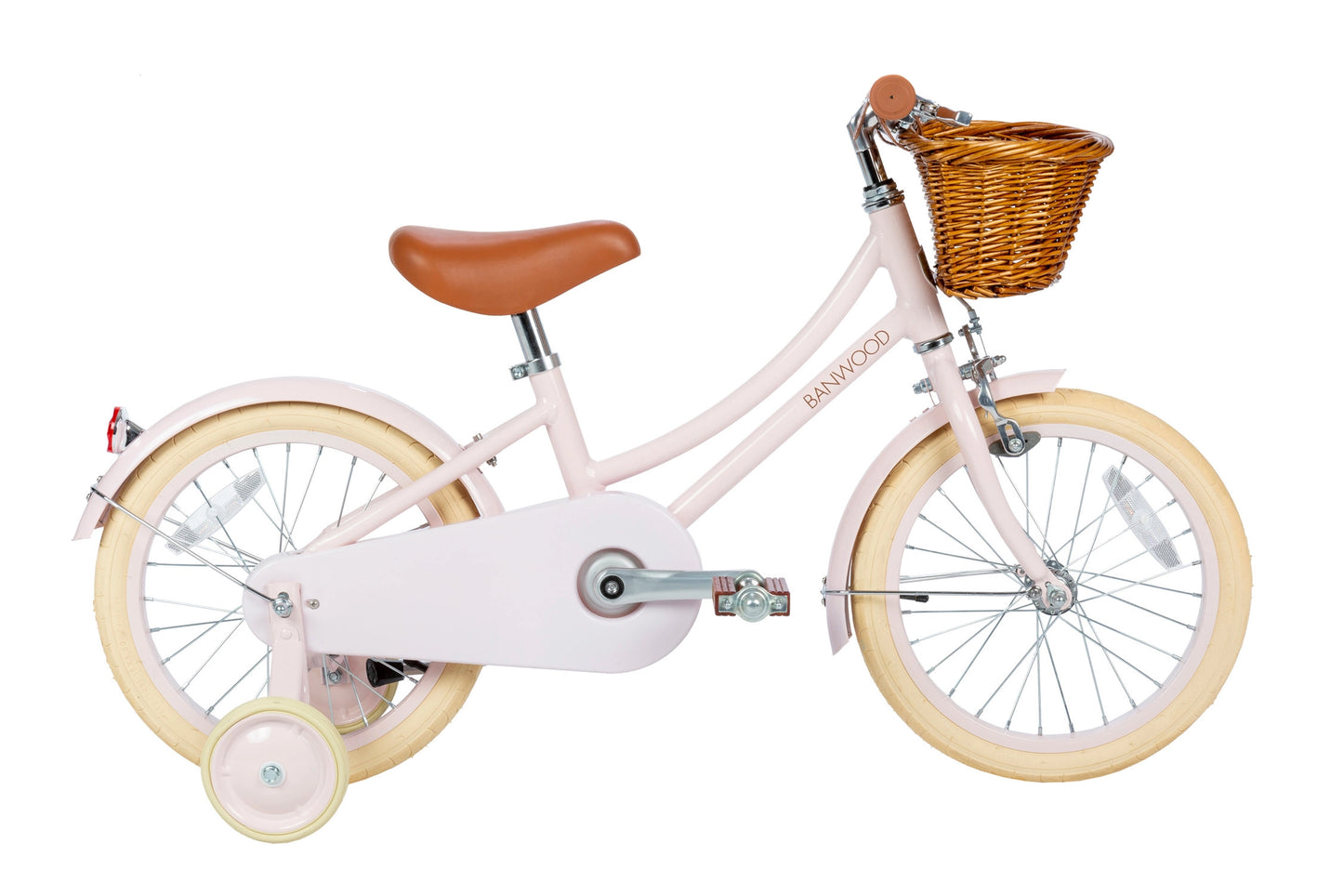 Pink kids 16 inch pedal bike with basket  and training wheels on white background