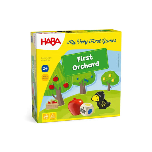 Front of First Orchard cooperative board game box showing toddler wooden fruit game by HABA