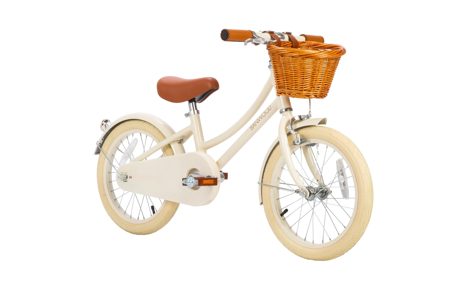 Children's 16 inch first bicycle with a basket on a white background
