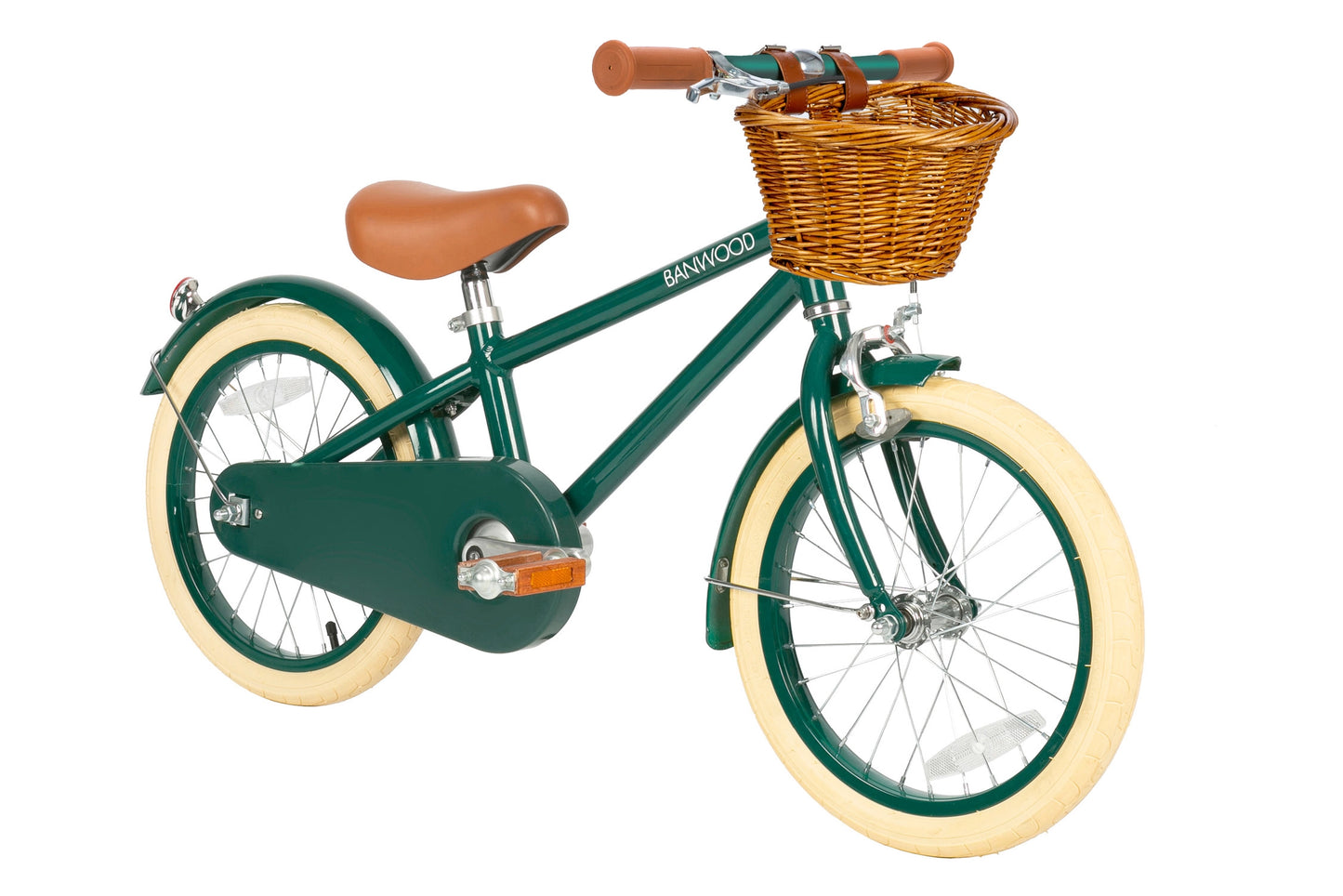 Dark green children's 16 inch bicycle with a wicker basket on a white background