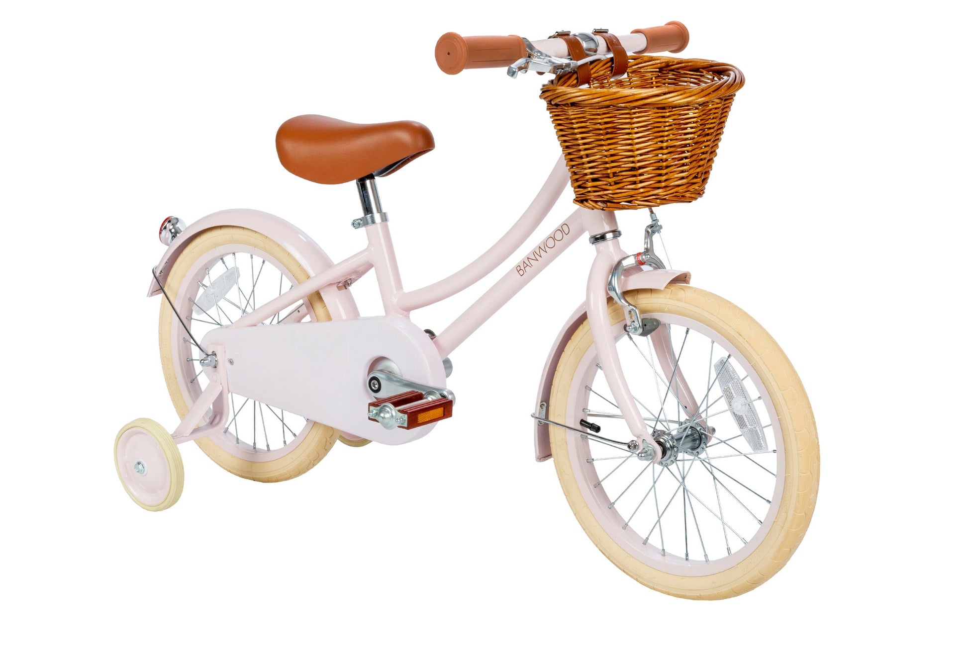 Children's pink 16 inch bicycle with a basket and training wheels on a white background