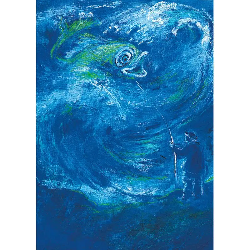 Marjan van Zeyl The Fisherman and His Wife fairy tale postcard featuring a fisherman standing before an enormous magical fish amid swirling blue ocean waves.