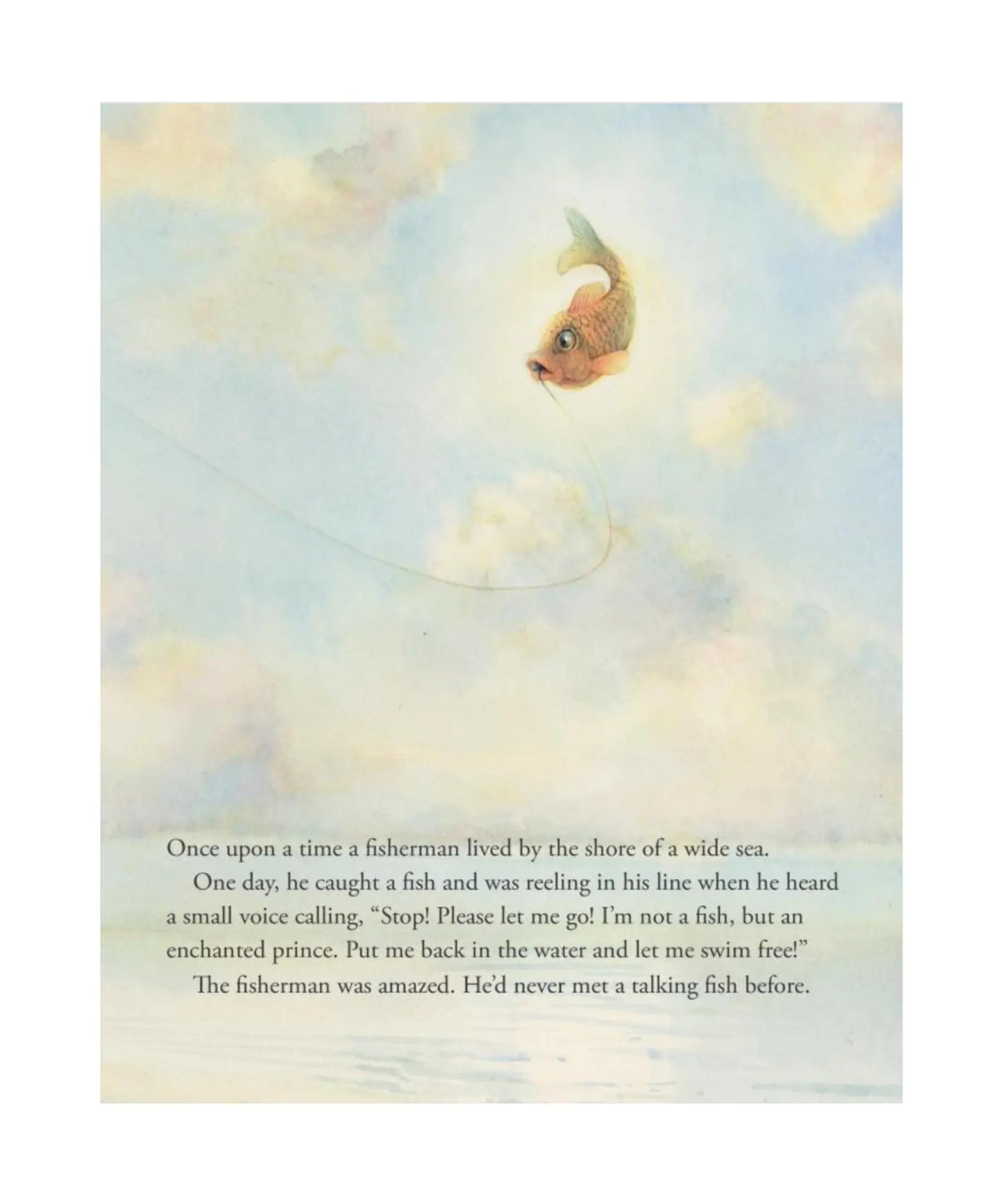 Illustration of a fish talking to a fisherman with a soft, pastel background.