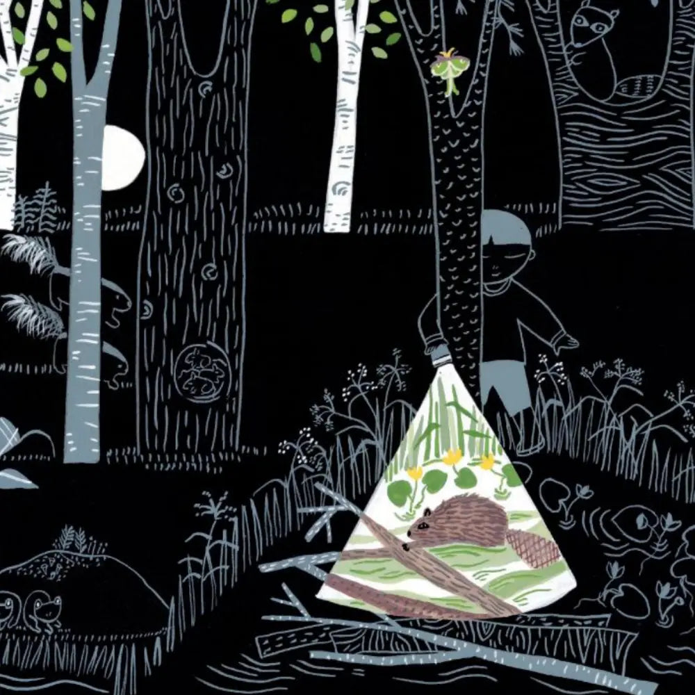 Illustration of a forest scene with a tent and animals on a black background