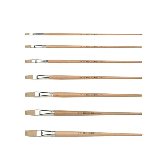 Set of flat boar bristle paint brushes in multiple sizes with wooden handles