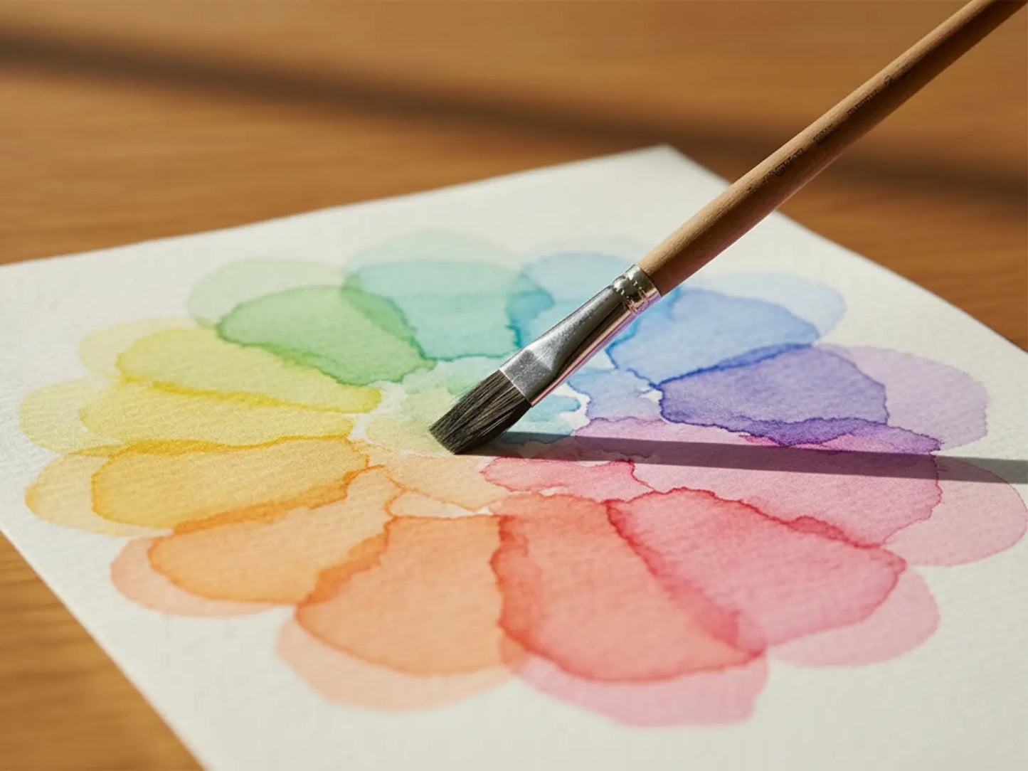 Flat watercolor brush applying layered wet-on-wet color washes in a circular color study on watercolor paper