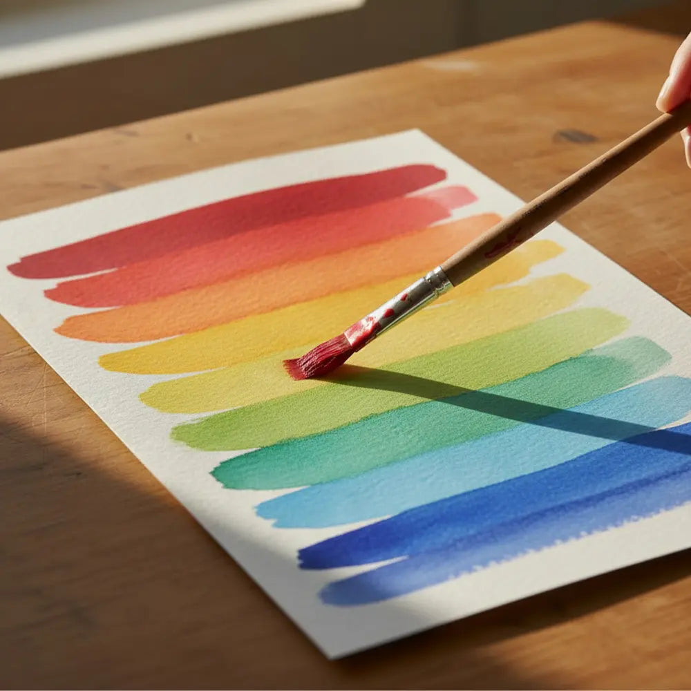 Flat watercolor brush painting layered rainbow color strokes with smooth, controlled edges on watercolor paper