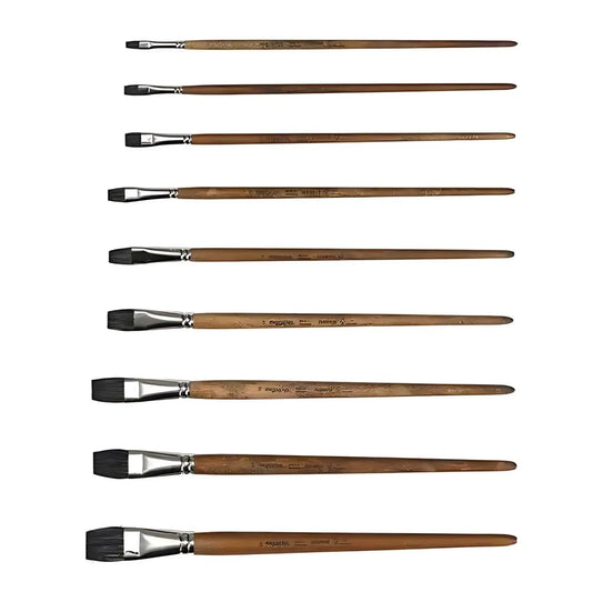 Set of flat watercolor paintbrushes with mixed natural and synthetic bristles and wooden handles in multiple sizes