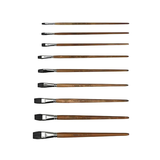 Set of flat watercolor brushes in multiple sizes with mixed synthetic bristles and wooden handles on white