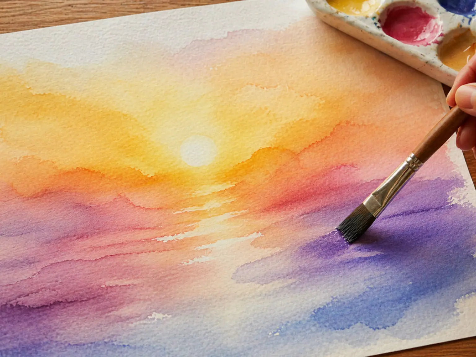Flat watercolor brush with natural cow hair bristles painting a soft sunrise with flowing wet-on-wet color washes