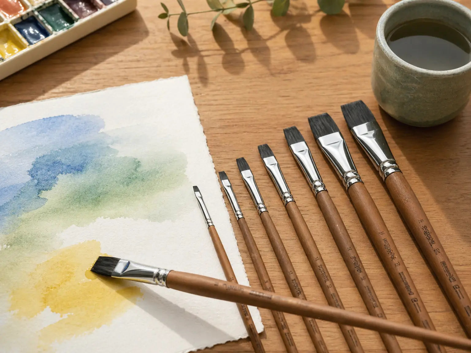 Set of paintbrushes on a wooden table with watercolor painting and a cup.