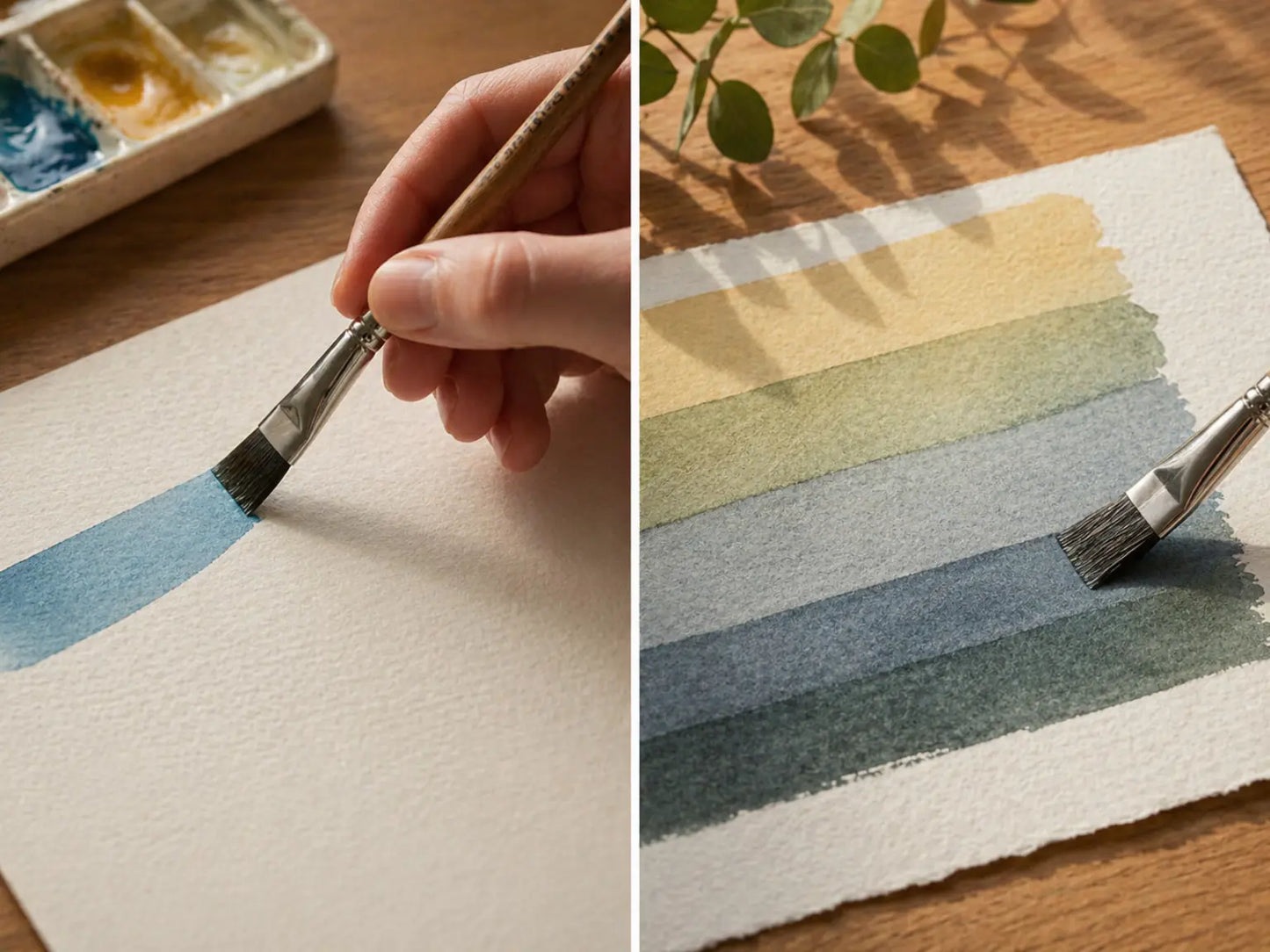 Flat watercolor brush with vegan synthetic bristles applying soft wet-on-wet color washes on textured paper