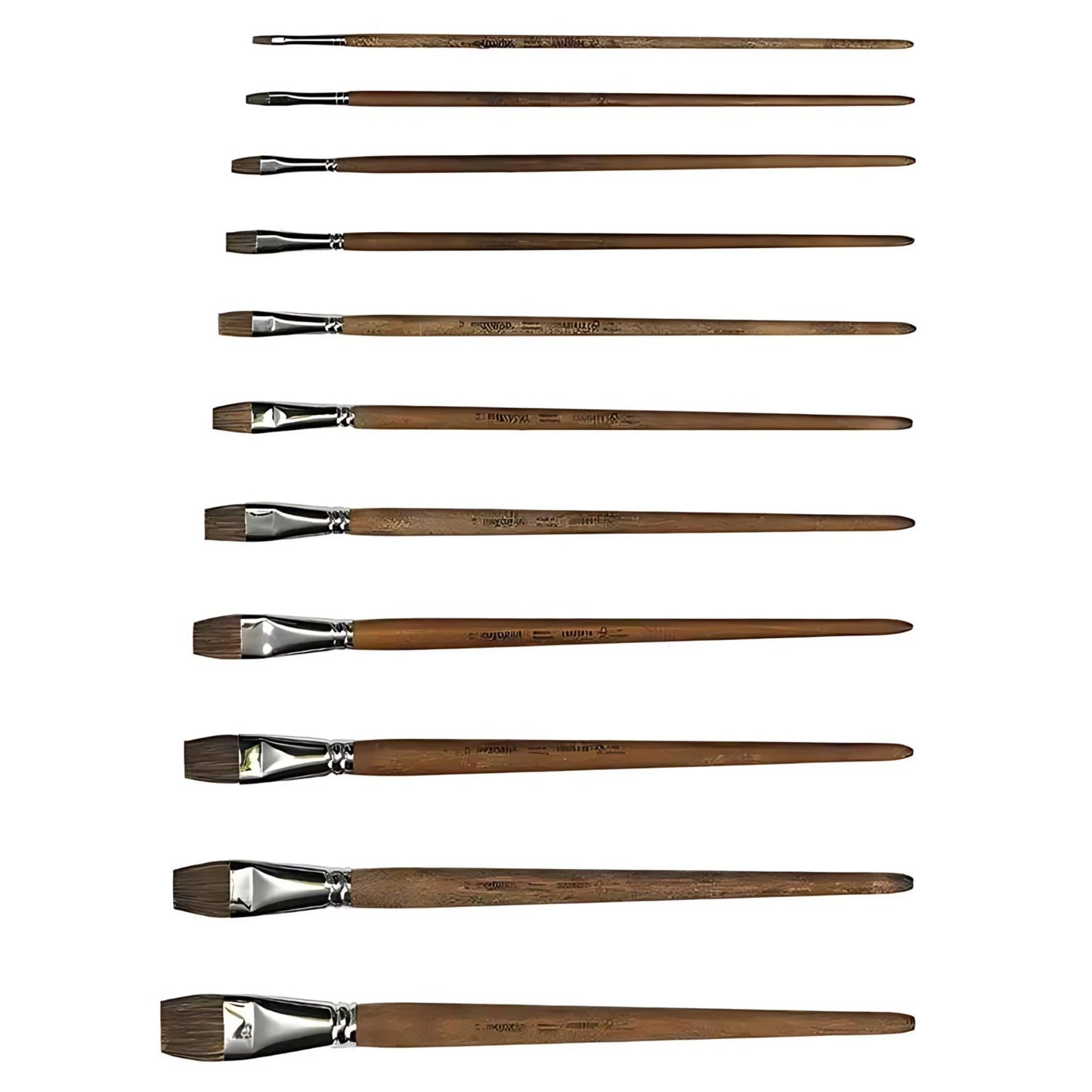 Flat watercolor paintbrushes with natural cow hair bristles shown in multiple sizes from small to large