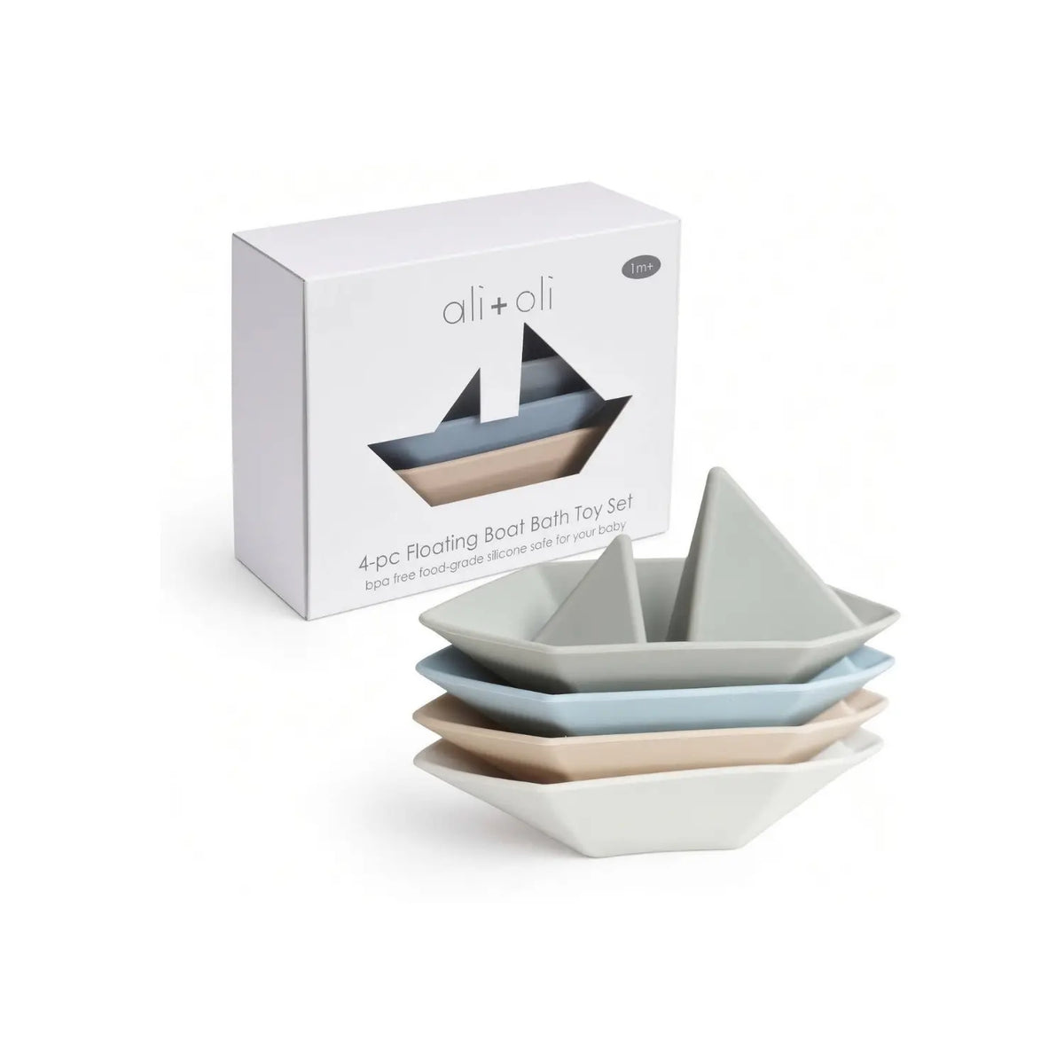 Floating boat bath toy set with retail box and four stacked pastel silicone boats.
