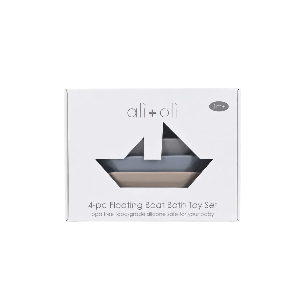 4-piece floating boat bath toy set retail box with boat-shaped window showing pastel silicone boats.