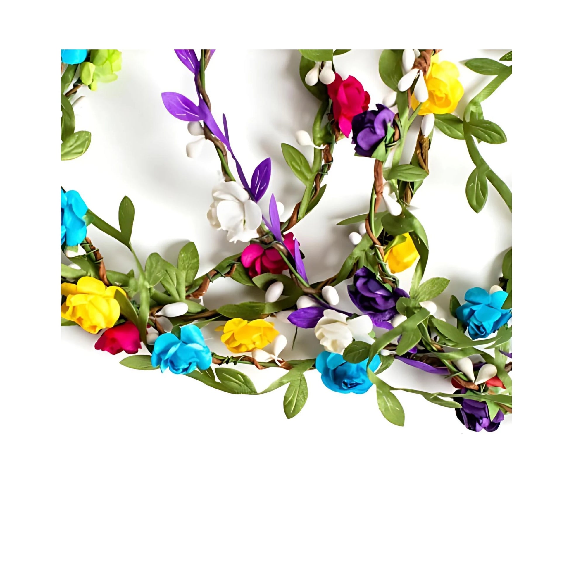 Flower crowns in multiple colors and green leaves on white background