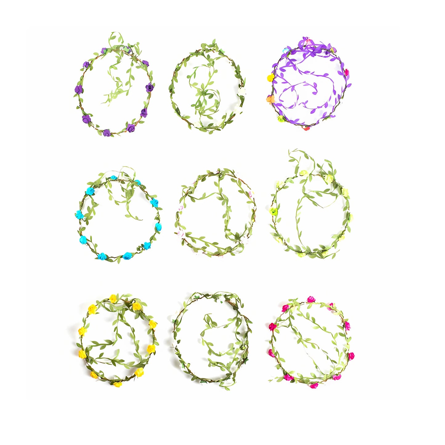 Flower Crowns in assorted colors laid in rows on a white background