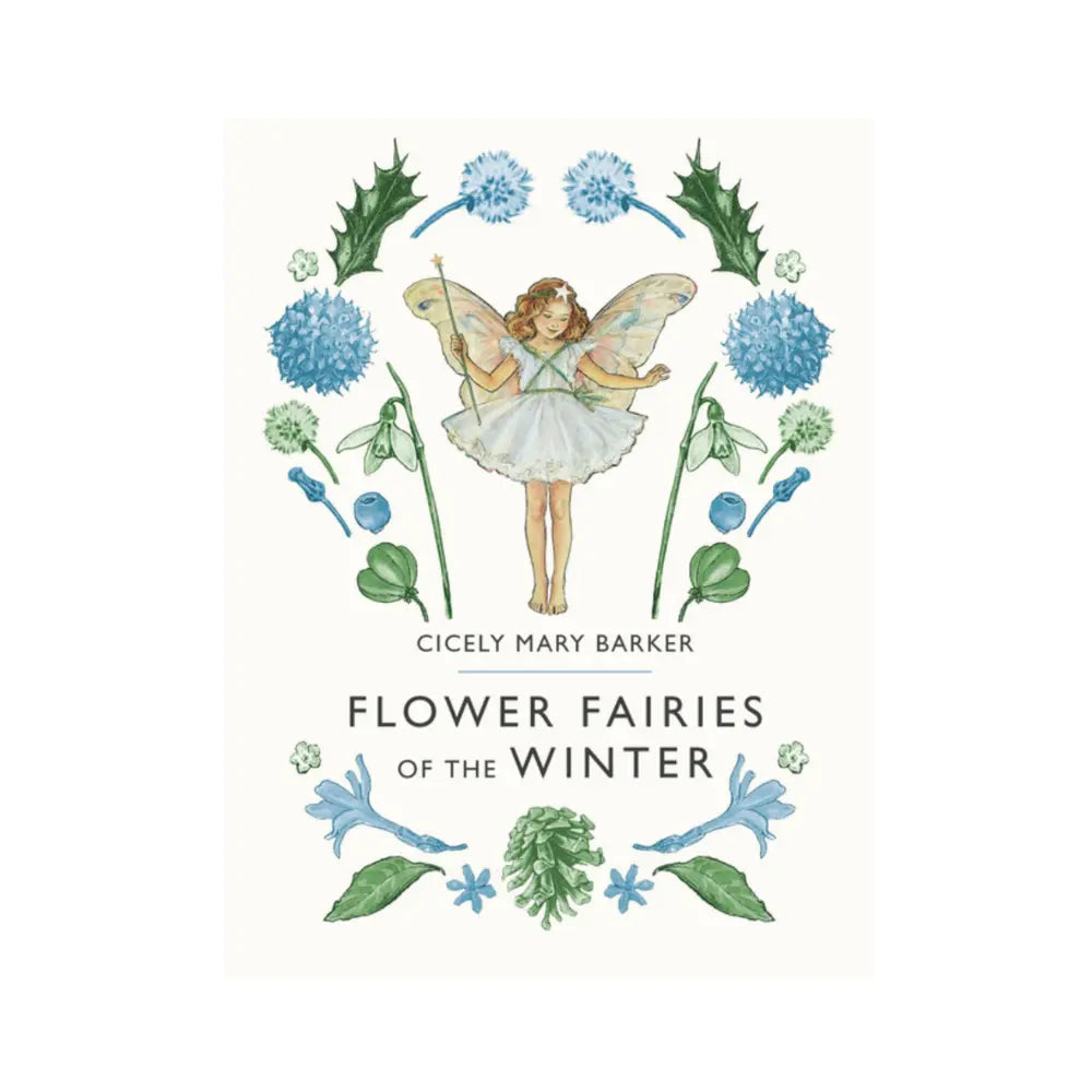 Book cover of 'Flower Fairies of the Winter' by Cicely Mary Barker featuring a fairy and winter flowers.