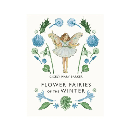 Book cover of 'Flower Fairies of the Winter' by Cicely Mary Barker featuring a fairy and winter flowers.