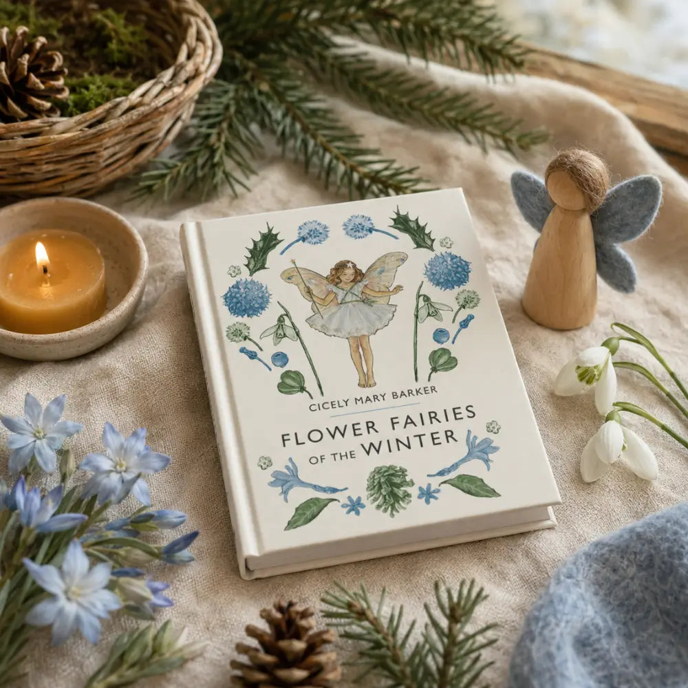 Book titled 'Flower Fairies of the Winter' by Cicely Mary Barker surrounded by winter-themed decor including flowers, a candle, and a fairy figure.
