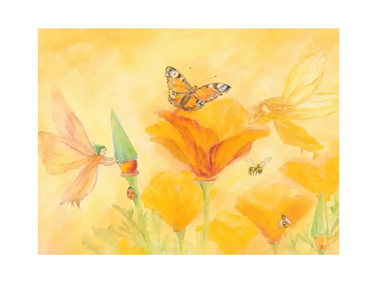 Flower fairy postcard by Marjan van Zayl of a fairy with a ladybug, bee, and butterfly on orange poppies