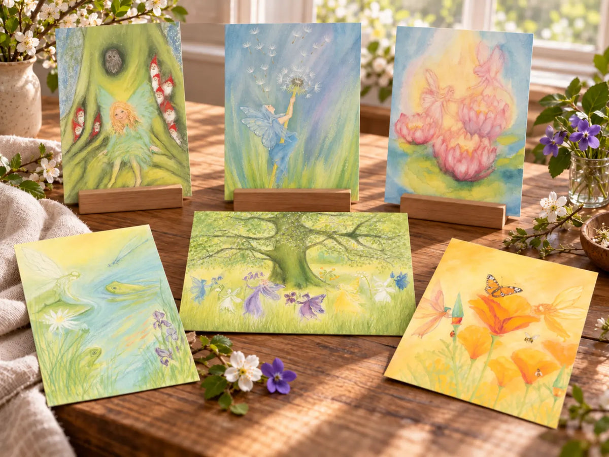 Six Marjan van Zeyl fairy and nature spirits postcards displayed on a sunlit wooden Waldorf nature table with spring flowers, linen, and wooden postcard holders.