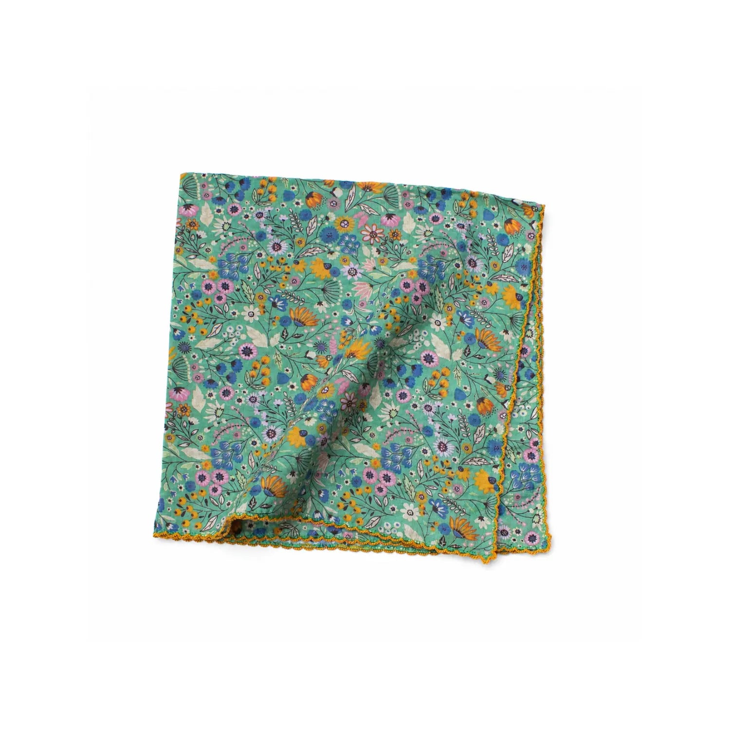 Flower Fields mint green cotton blend square scarf with colorful floral print and golden edging