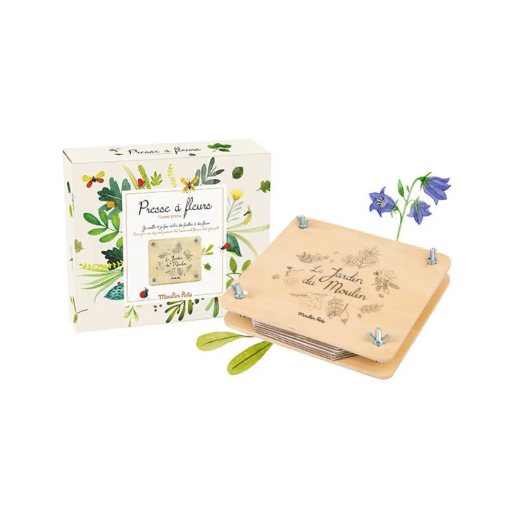 Wooden flower press with box showing complete flower press kit for children
