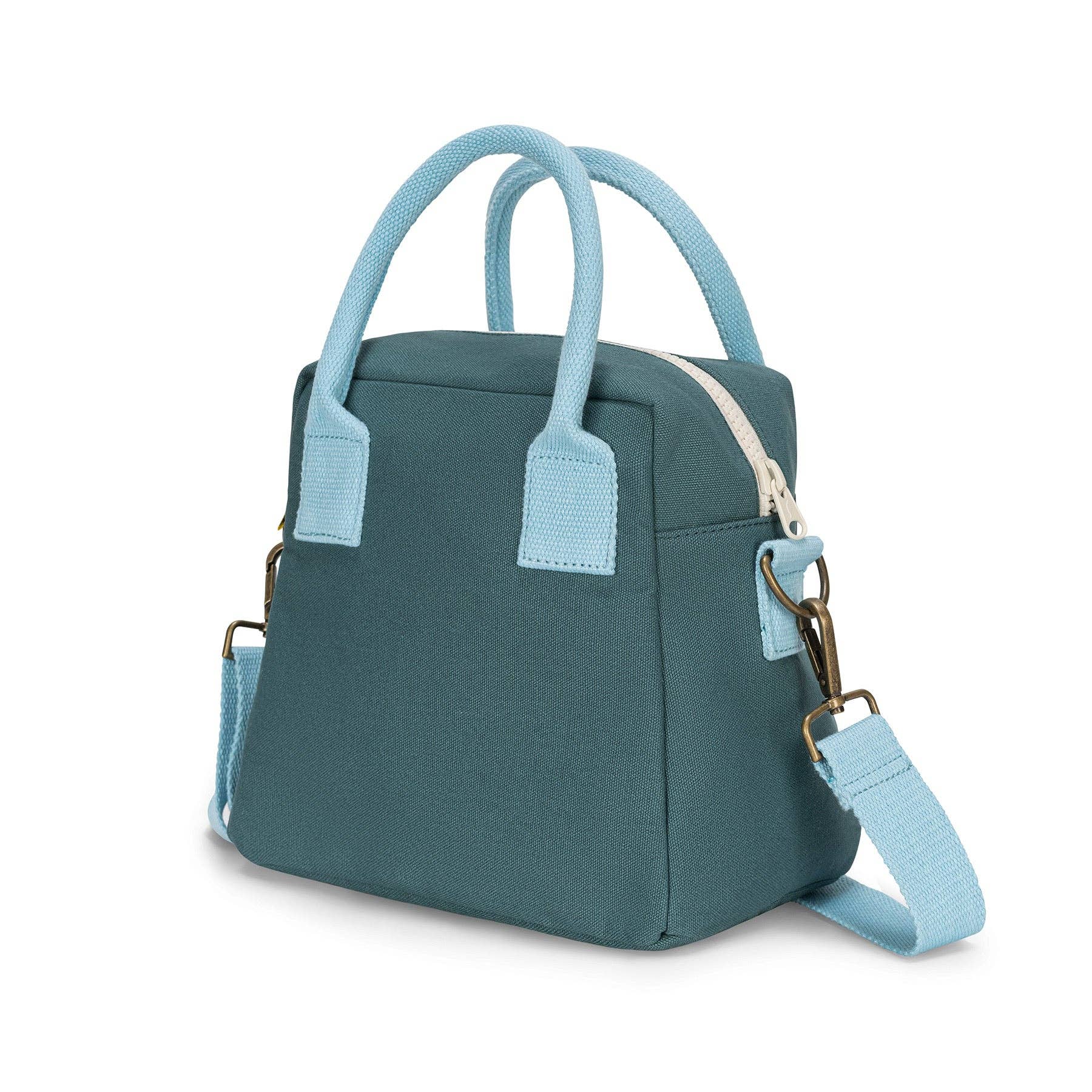 Cypress organic cotton lunch clutch with blue handles and adjustable shoulder strap