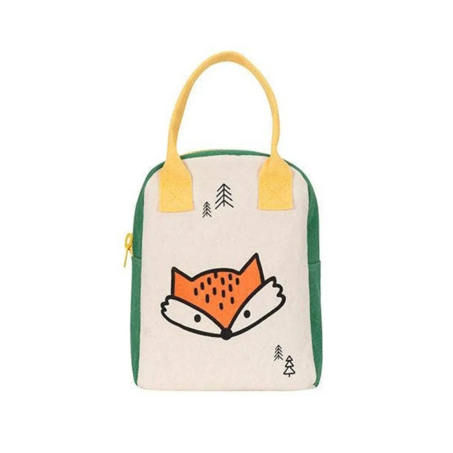 Fluf Fox organic cotton zipper lunch bag with green trim and yellow handles