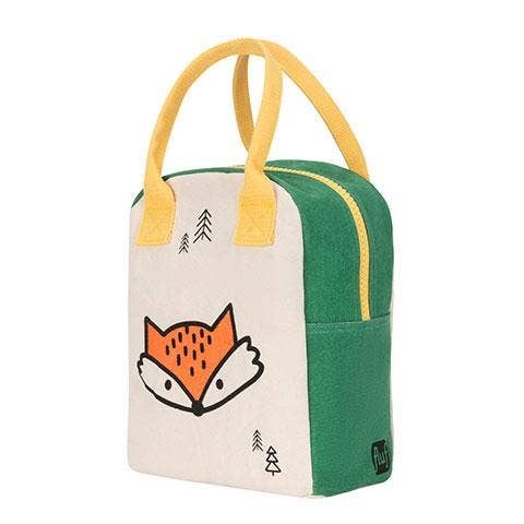 Fluf Fox Zipper Lunch Bag with organic cotton exterior, green sides and yellow handles