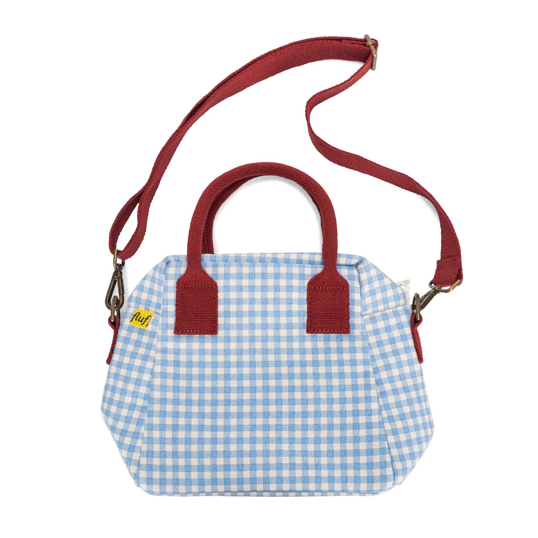 Open Fluf Gingham Sky organic cotton insulated lunch bag filled with apples