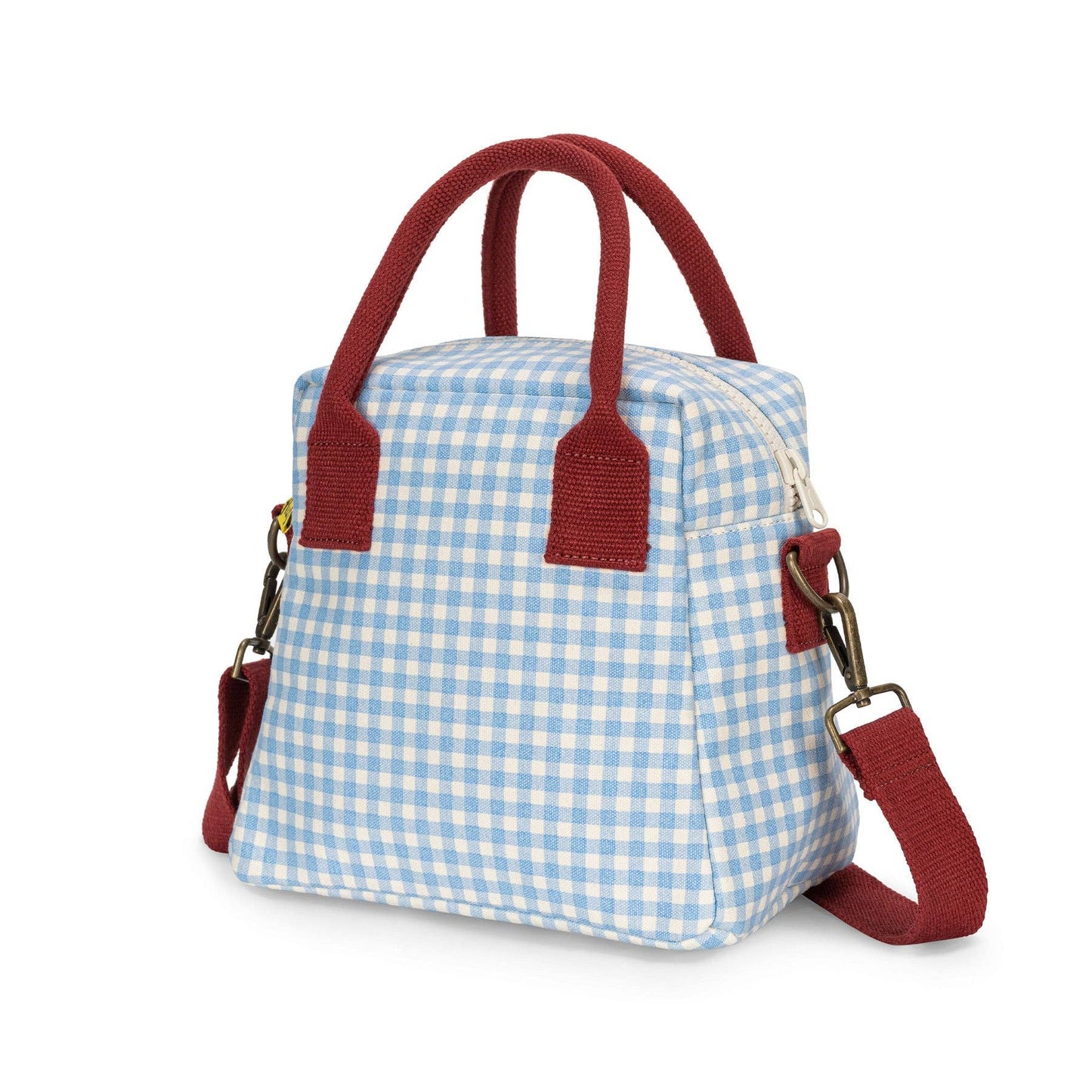 Gingham Sky organic cotton lunch clutch with removable adjustable strap