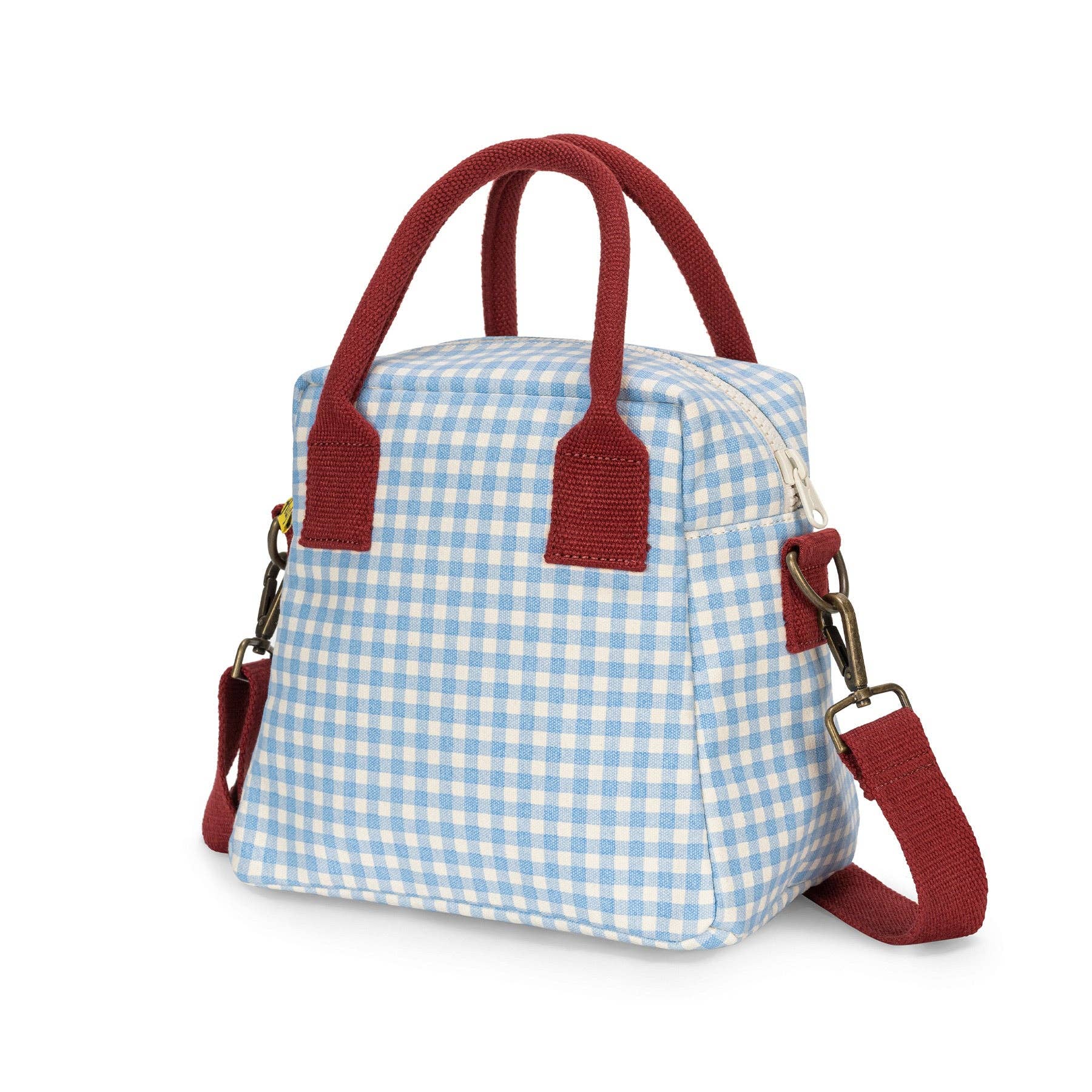 Gingham Sky organic cotton lunch clutch with removable adjustable strap