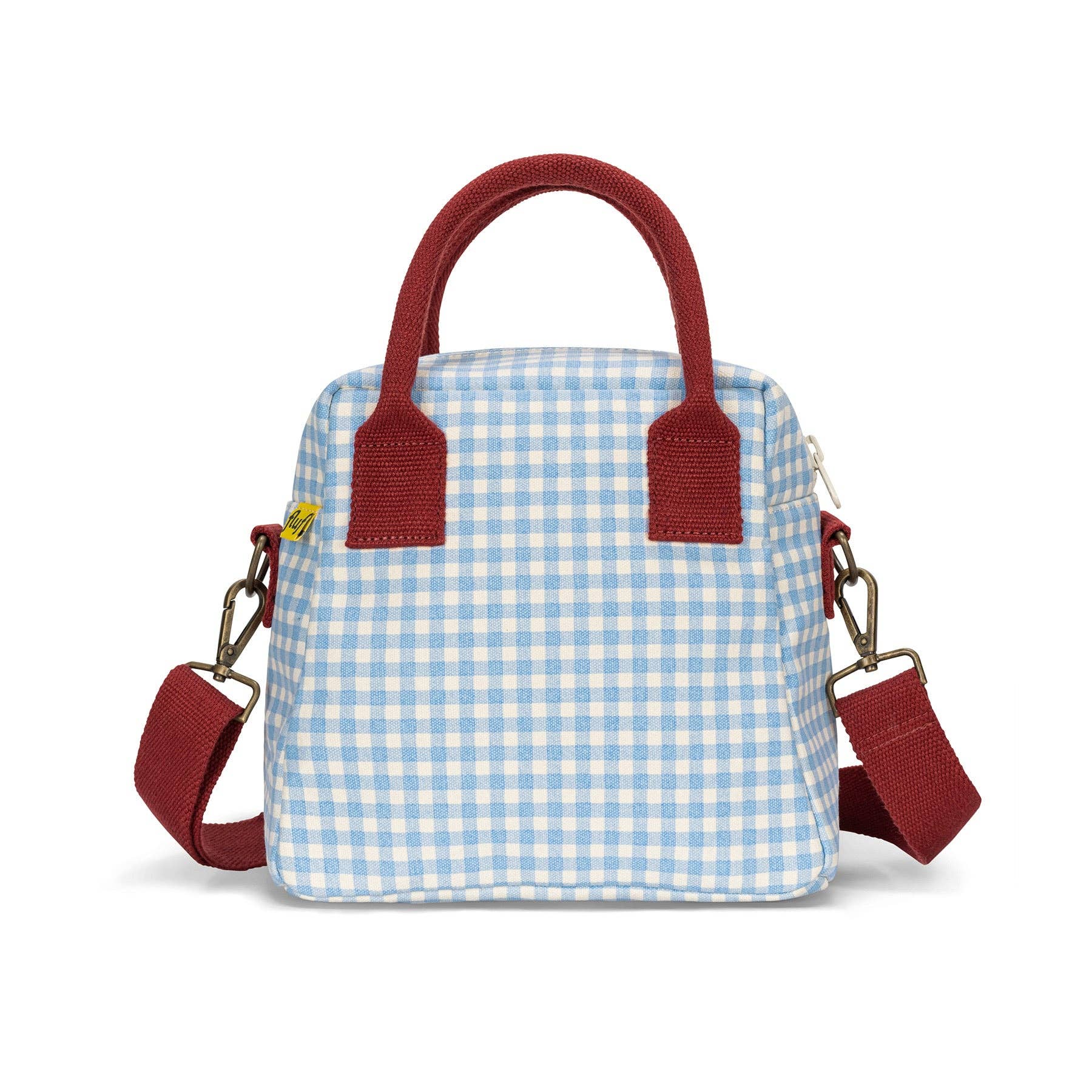 Blue and white gingham organic cotton insulated lunch bag by Fluf