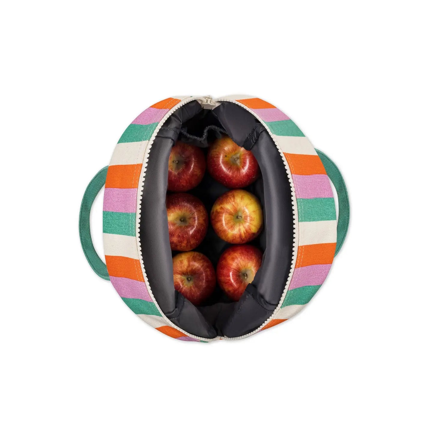 Open Fluf Three Stripe organic cotton lunch bag filled with apples