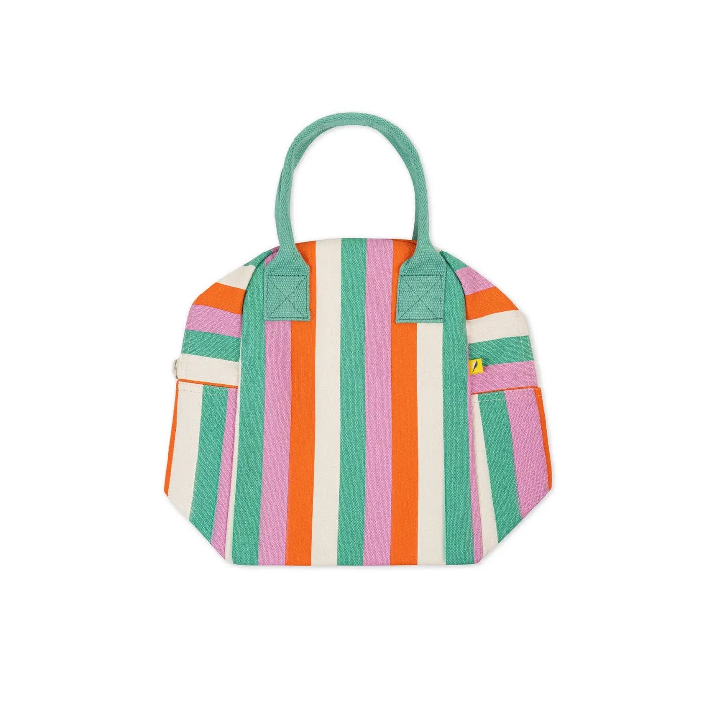 Fluf Three Stripe organic cotton zipper lunch bag with multicolor stripes flattened for storage