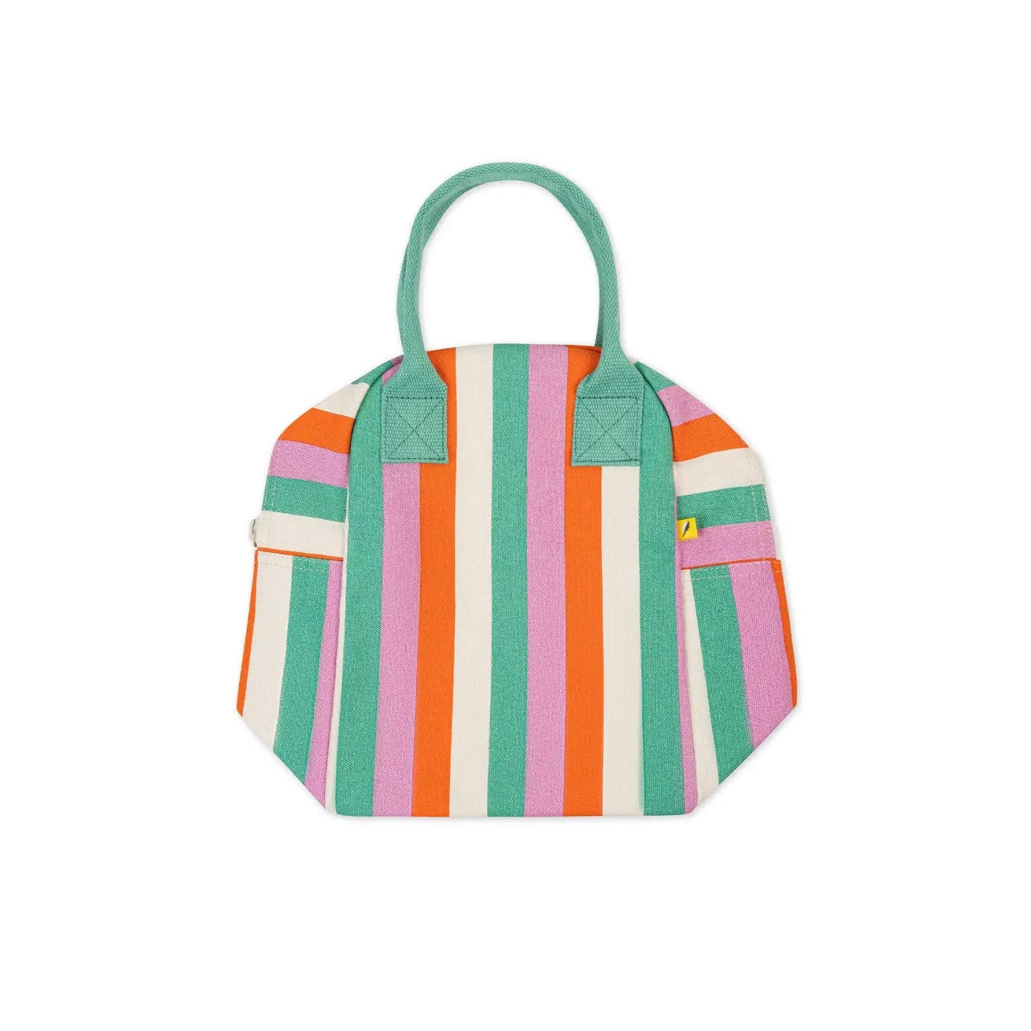 Fluf Three Stripe organic cotton zipper lunch bag with multicolor stripes flattened for storage